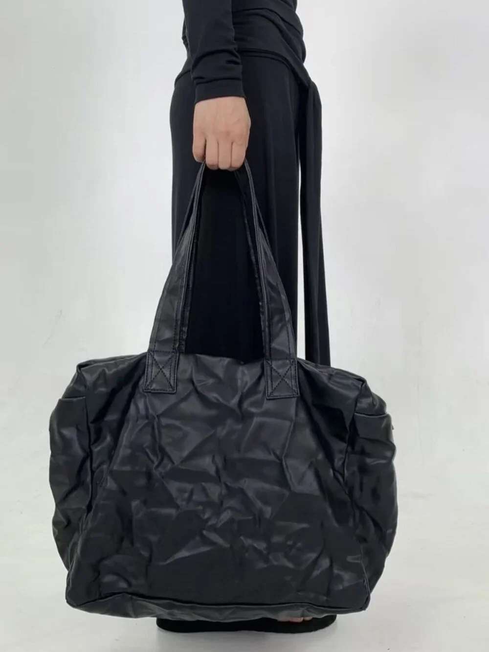 Black Crinkled Faux Leather Oversized Slouchy Tote Bag Travel